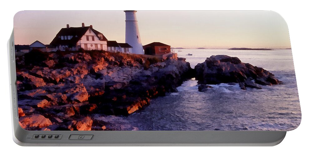 Water Ocean Scene Lighthouse Maine Painting Fishing Nature Portable Battery Charger featuring the painting Pnrf0905 by Henry Butz