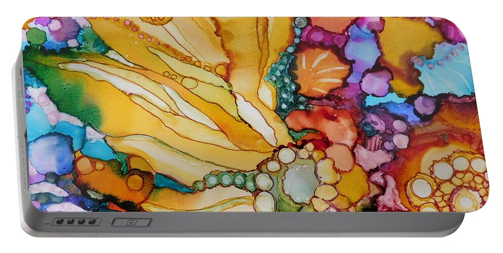 This Vibrant Rainbow-colored Abstract Design Was Done On White Ceramic Tile. Alcohol Ink Is A Very Exciting Medium Because Portable Battery Charger featuring the painting Poco Tropical by Joan Clear