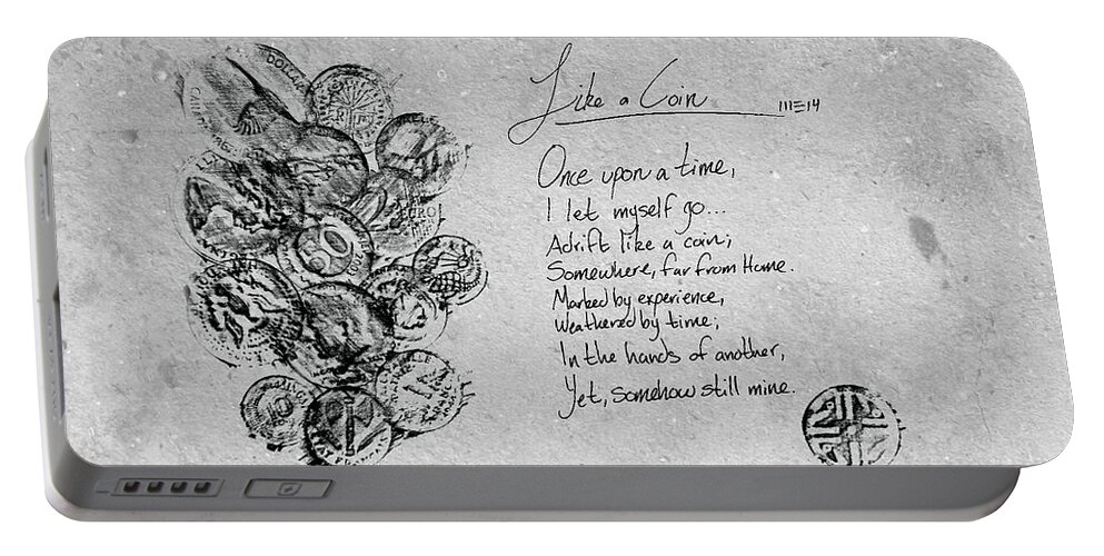 Poetry Portable Battery Charger featuring the mixed media Poetry Art Like a Coin by M E