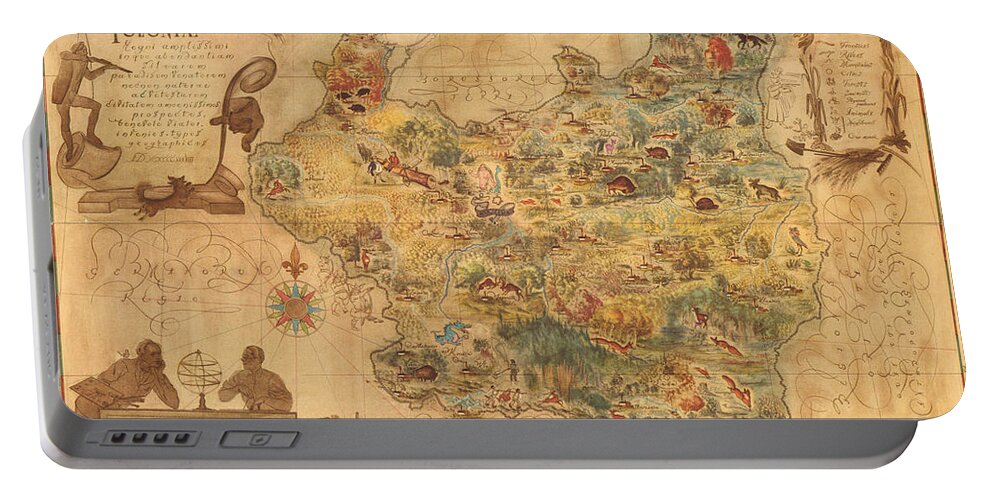 Poloniae Portable Battery Charger featuring the drawing Poloniae - Antique Map of Poland - Pictorial Map - Historic Map - Flora and Fauna of Poland by Studio Grafiikka