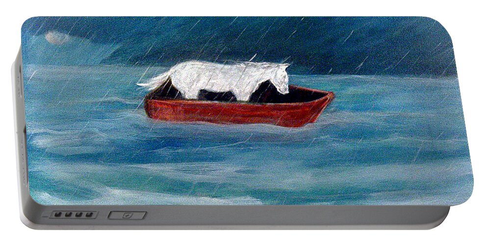 Katt Yanda Original Art Landscape Oil Painting Canvas White Pony Red Boat Ocean Sea Rain Storm Clouds Waves Portable Battery Charger featuring the painting Pony in a Red Boat by Katt Yanda
