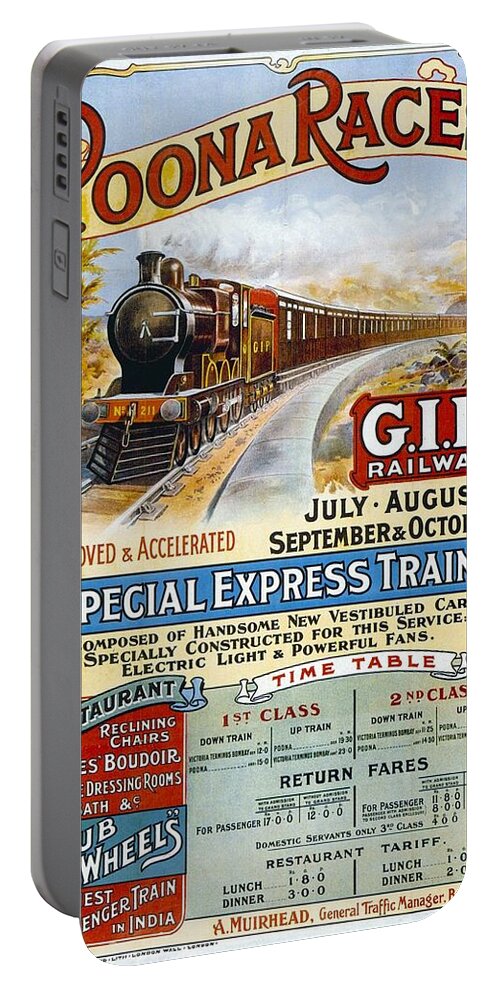 Poona Races Portable Battery Charger featuring the painting Poona Races - Great Indian Peninsular Railway - Vintage Advertising Poster - A Club on wheels by Studio Grafiikka