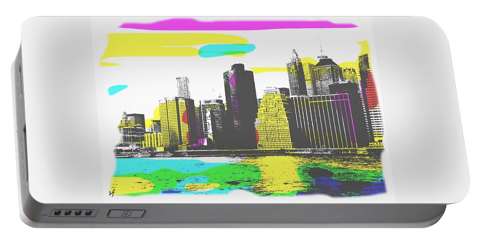 Landscape Portable Battery Charger featuring the mixed media Pop City Skyline by Shelli Fitzpatrick