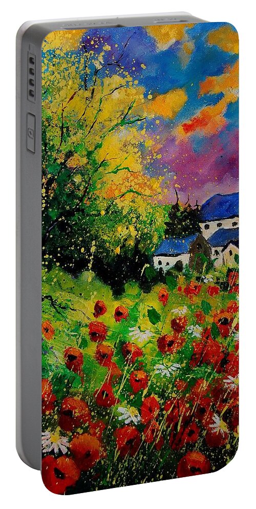 Landscape Portable Battery Charger featuring the painting Poppies and daisies 560110 by Pol Ledent