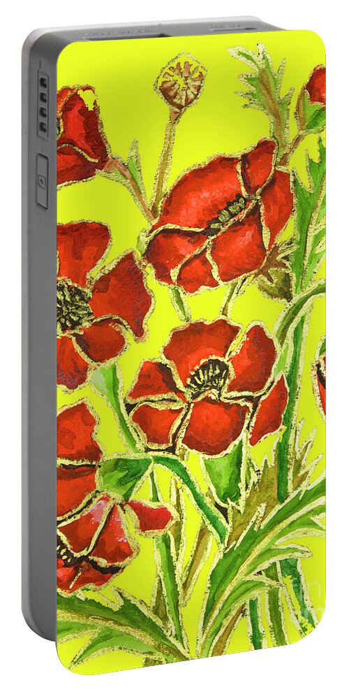 Poppy Portable Battery Charger featuring the painting Poppies on yellow background, painting by Irina Afonskaya