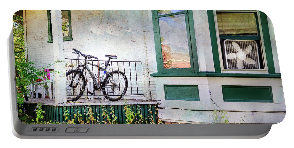 Bicycle Portable Battery Charger featuring the photograph Porch and Window Fan Bicycle by Craig J Satterlee