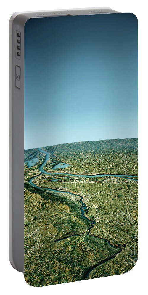 Portland Portable Battery Charger featuring the digital art Portland 3D View South-North Natural Color by Frank Ramspott