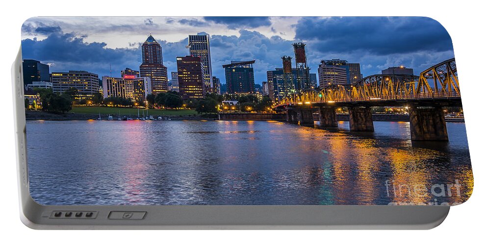 Hawthorne Bridge Portable Battery Charger featuring the photograph Portland Skyline Along Willamette River by Bryan Mullennix