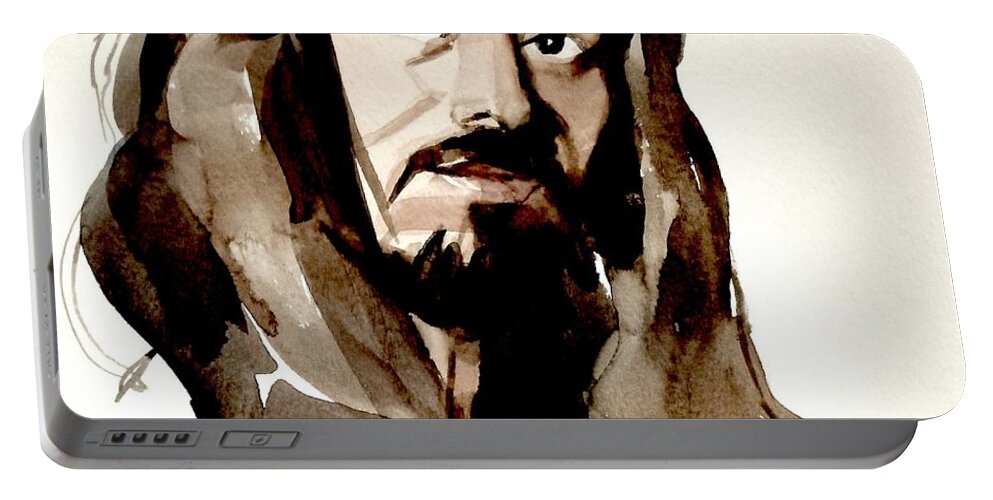 Portrait Portable Battery Charger featuring the painting Watercolor Portrait of a Man with Long Hair by Greta Corens