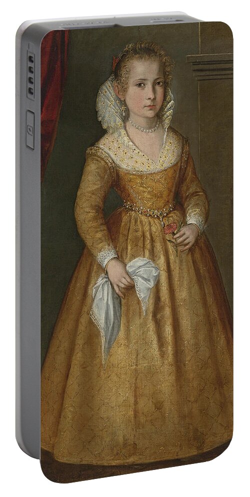 Venetian School Portable Battery Charger featuring the painting Portrait of a Girl with her Dog by Venetian School