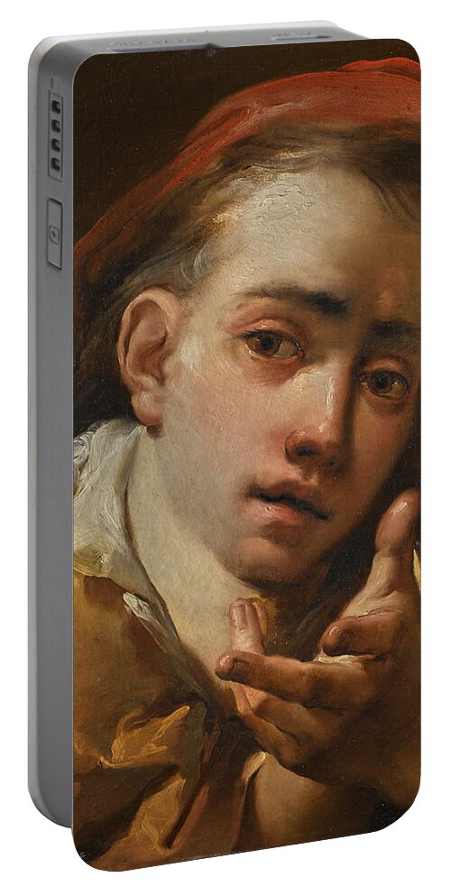 Gaetano Gandolfi Portable Battery Charger featuring the painting Portrait of a Young Man, Bust-Length, wearing a red Cap and gesturing to the Viewer by Gaetano Gandolfi
