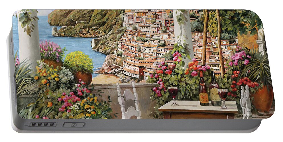 Positano Portable Battery Charger featuring the painting aperitivo sulla terrazza di Positano by Guido Borelli