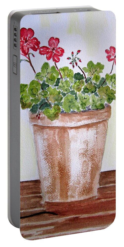 Floral Geraniums Portable Battery Charger featuring the painting Old fashion pot of Geraniums by Elvira Ingram