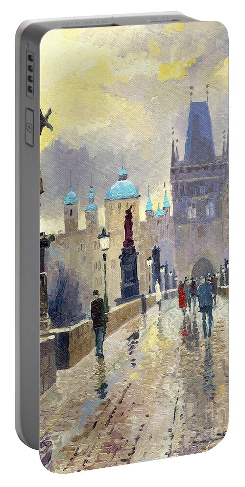 Oil On Canvas Portable Battery Charger featuring the painting Prague Charles Bridge 02 by Yuriy Shevchuk