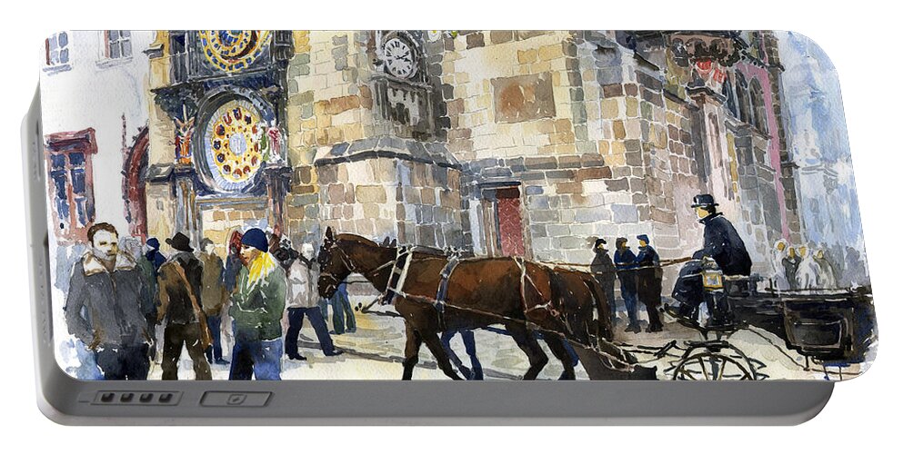 Watercolour Portable Battery Charger featuring the painting Prague Old Town Square Astronomical Clock or Prague Orloj by Yuriy Shevchuk