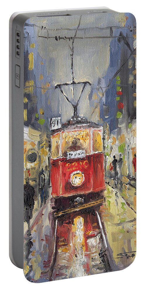 Oil Portable Battery Charger featuring the painting Prague Old Tram 08 by Yuriy Shevchuk