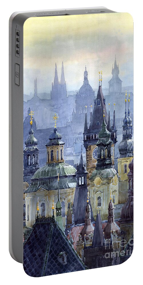 Architecture Portable Battery Charger featuring the painting Prague Towers by Yuriy Shevchuk