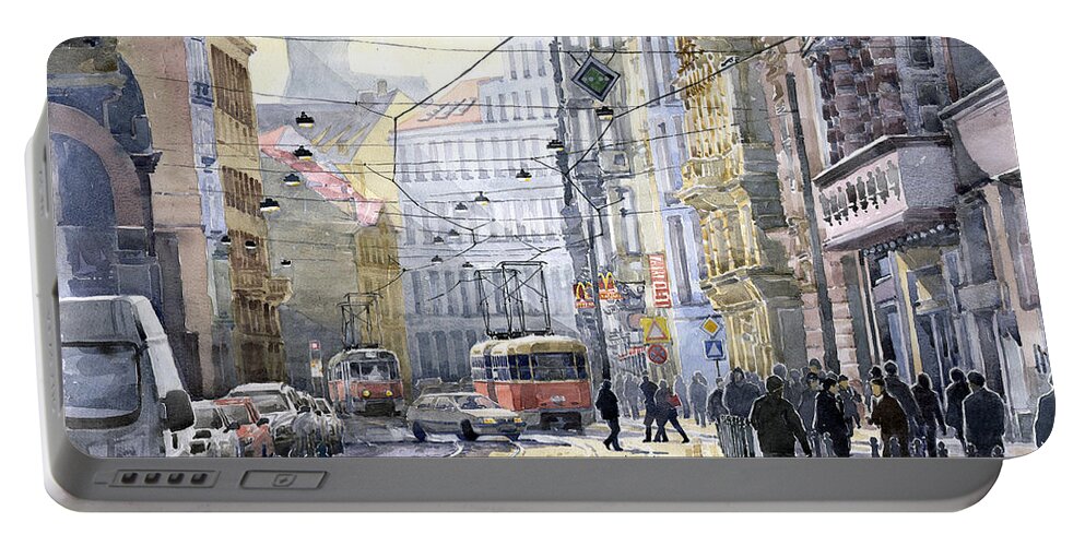 Watercolor Portable Battery Charger featuring the painting Prague Vodickova str by Yuriy Shevchuk