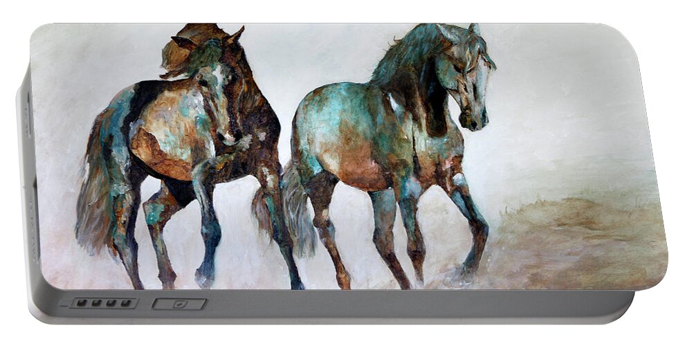 2 Horses Portable Battery Charger featuring the painting Prairie Horse Dance by Barbie Batson