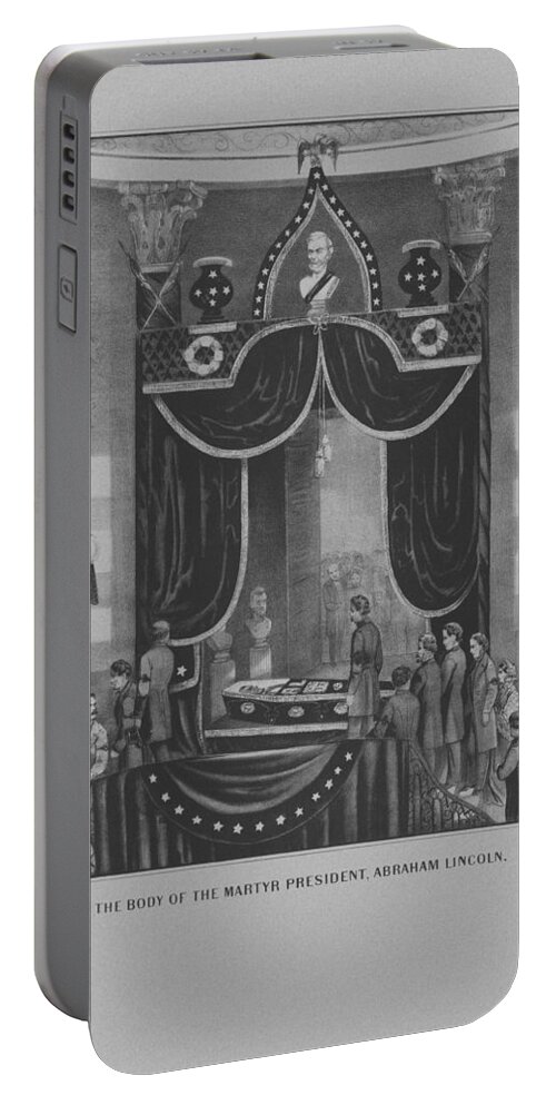 Abe Lincoln Portable Battery Charger featuring the drawing President Abraham Lincoln Lying In State by War Is Hell Store