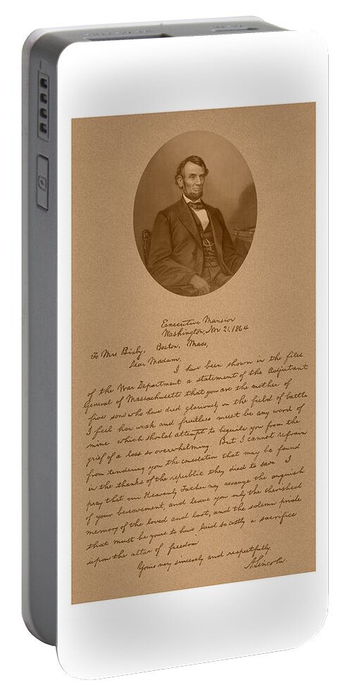 Bixby Letter Portable Battery Charger featuring the mixed media President Lincoln's Letter To Mrs. Bixby by War Is Hell Store