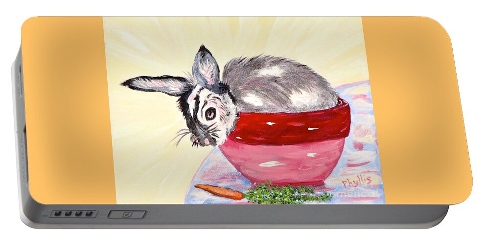 Carrot Portable Battery Charger featuring the painting Pretty Bowl Bunny by Phyllis Kaltenbach