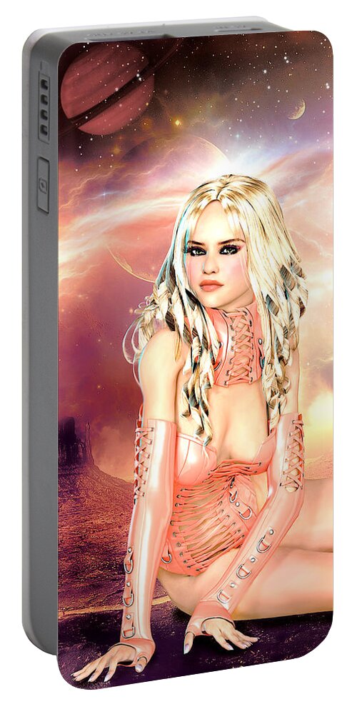 Pin-up Portable Battery Charger featuring the digital art Pretty in Peach Galaxies by Alicia Hollinger