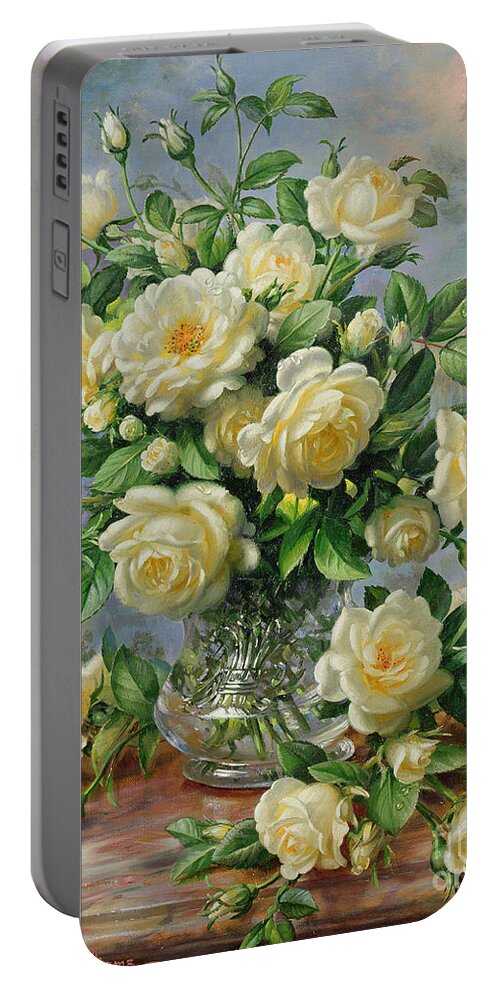In Honour Of Lady Diana Spencer (1961-97); Still Life; Flower; Rose; Arrangement; Princess Of Wales (1981-96); Homage; Yellow; Flowers; Leafs Portable Battery Charger featuring the painting Princess Diana Roses in a Cut Glass Vase by Albert Williams
