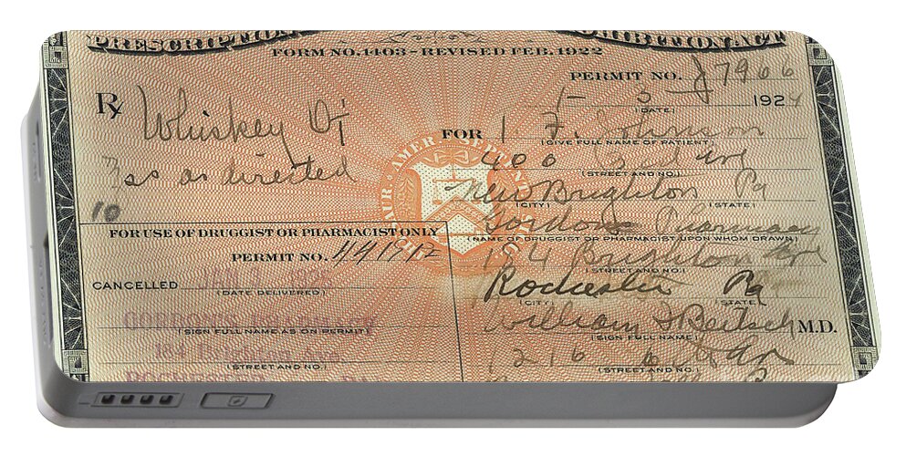 Prohibition Portable Battery Charger featuring the photograph Prohibition Prescription for Whiskey by Jon Neidert