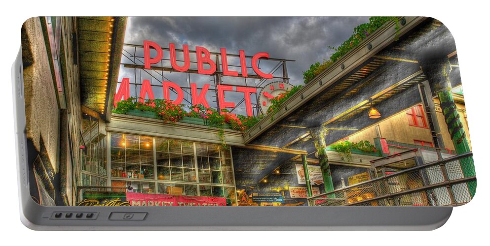 Seattle Portable Battery Charger featuring the photograph Public Market by Dillon Kalkhurst