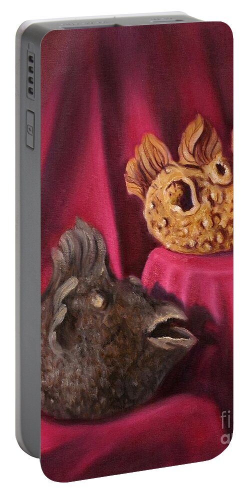 Teapots Portable Battery Charger featuring the painting Puffer Fish Teapots by Rand Burns