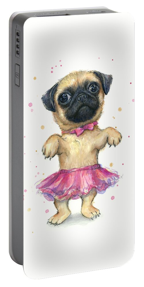 Pug Portable Battery Charger featuring the painting Pug in a Tutu by Olga Shvartsur