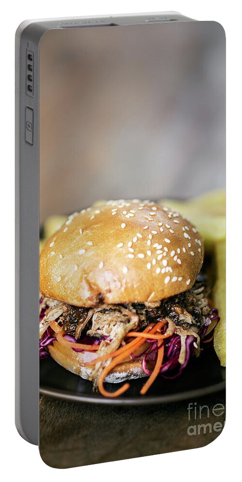 American Portable Battery Charger featuring the photograph Pulled Pork And Coleslaw Salad Burger Sandwich With Fries Meal by JM Travel Photography