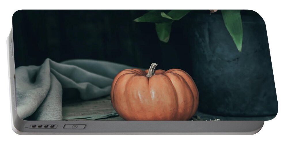 Pumpkin Portable Battery Charger featuring the photograph Pumpkin and Flowers Still Life by Kim Hojnacki