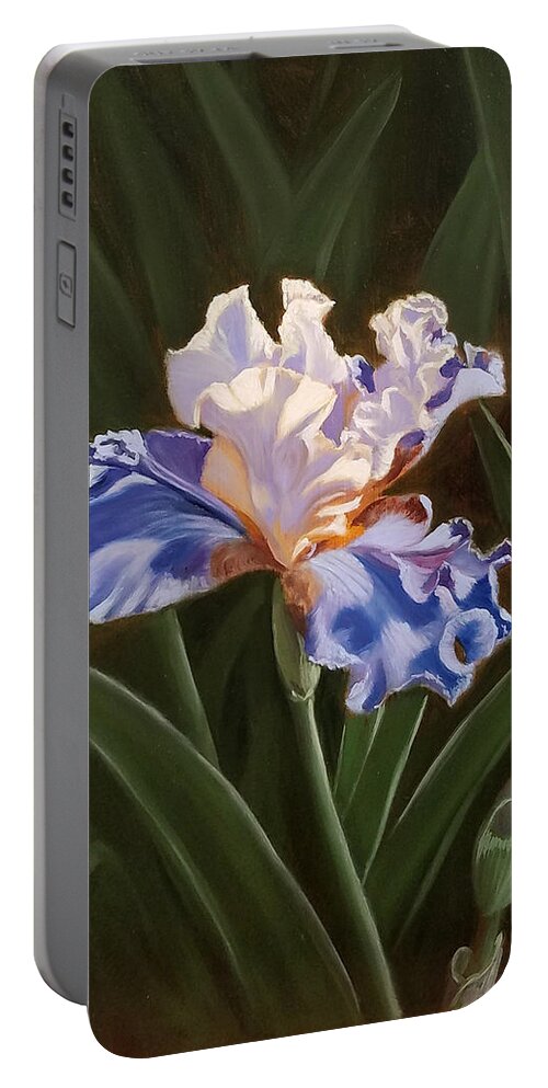 Oil Portable Battery Charger featuring the painting Purple and White Iris by Linda Merchant