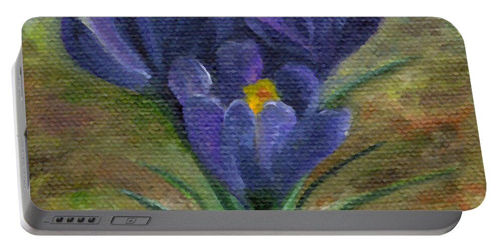 Blue Portable Battery Charger featuring the painting Purple Crocus by FT McKinstry