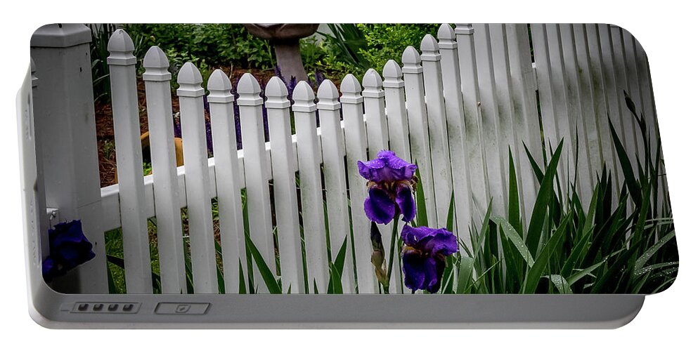 Fence Portable Battery Charger featuring the digital art Purple Iris and the Fence by Ed Stines