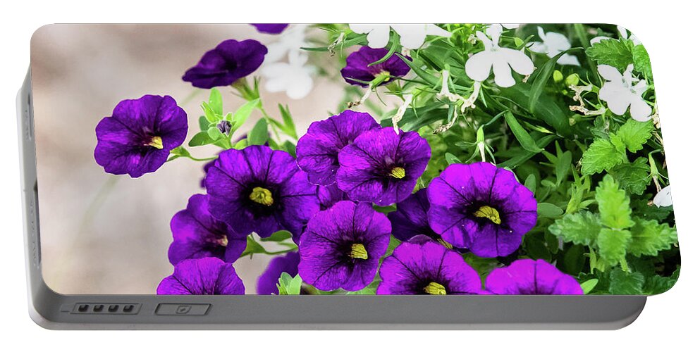 Flower Portable Battery Charger featuring the digital art Purple Petunias by Ed Stines
