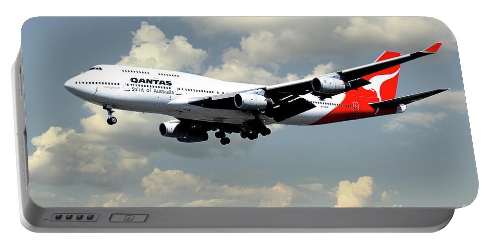 Qantas Boeing 747 Portable Battery Charger featuring the digital art Qantas Boeing 747 #1 by Airpower Art