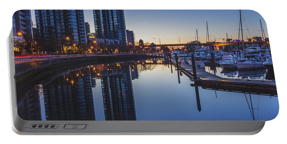 Architecture Portable Battery Charger featuring the photograph Quayside Marina before Sunrise by Andy Konieczny