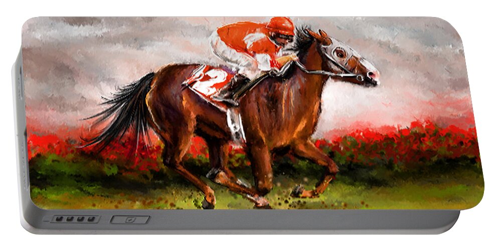 Horse Racing Portable Battery Charger featuring the painting Quest For The Win - Horse Racing Art by Lourry Legarde