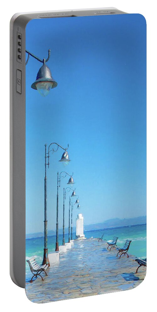 Greece Portable Battery Charger featuring the digital art Quiet Stone Pier by Roy Pedersen