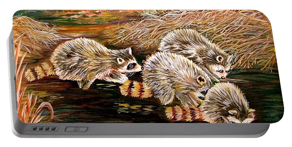 Raccoons Portable Battery Charger featuring the painting Raccoons at Sunrise by Carol Allen Anfinsen