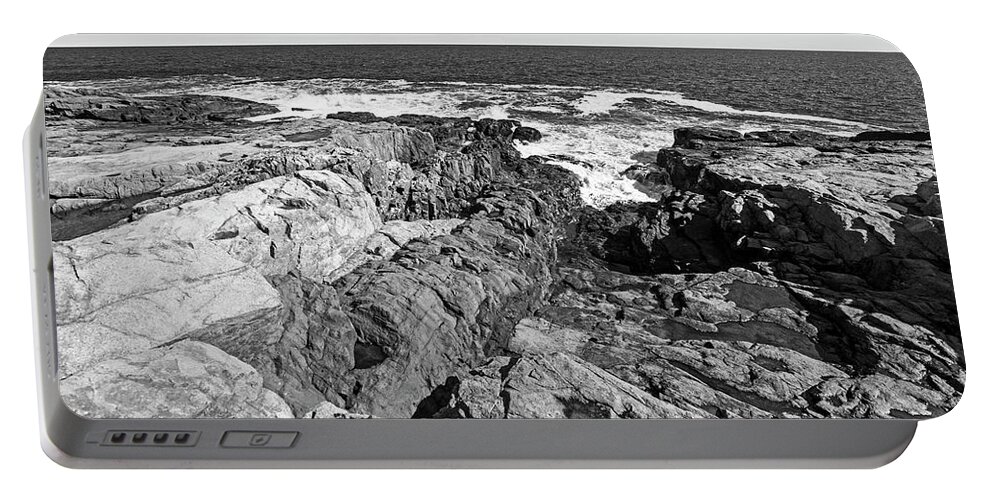 Rafe's Portable Battery Charger featuring the photograph Rafe's Chasm Gloucester MA North Shore Black and White by Toby McGuire