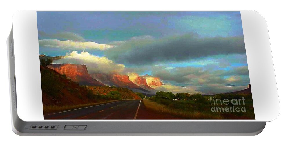 Rain Clouds Retreat Over Canyon Walls Early Morning Gateway Colorado Hwy 141 Colorado Portable Battery Charger featuring the digital art Rain clouds Retreat by Annie Gibbons