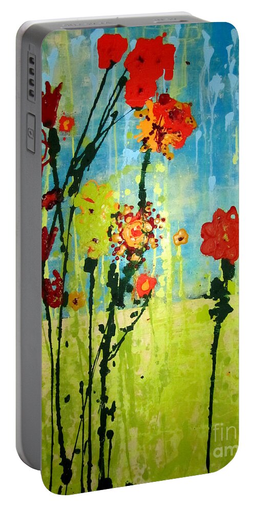 Flower Paintings Portable Battery Charger featuring the painting Rain or Shine by Ashley Lane