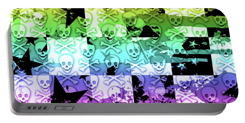 Rainbow Portable Battery Charger featuring the digital art Rainbow Checker Skull Splatter by Roseanne Jones