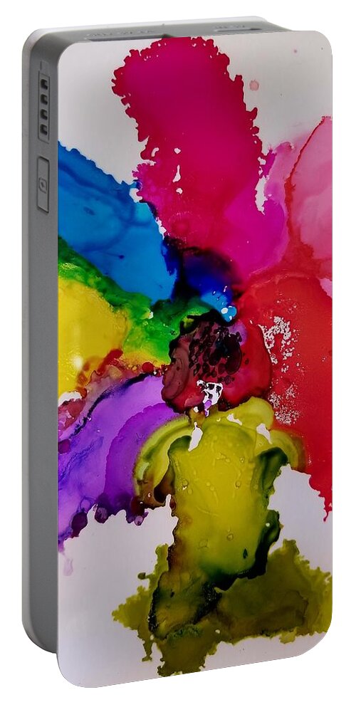 Unique Portable Battery Charger featuring the painting Rainbow Flower by Donna Perry
