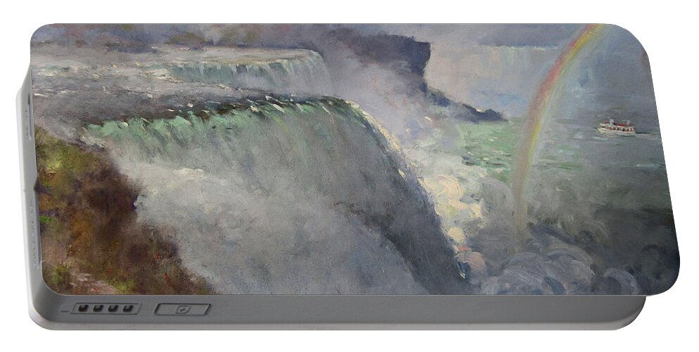 Rainbow Portable Battery Charger featuring the painting Rainbow over the Falls by Ylli Haruni