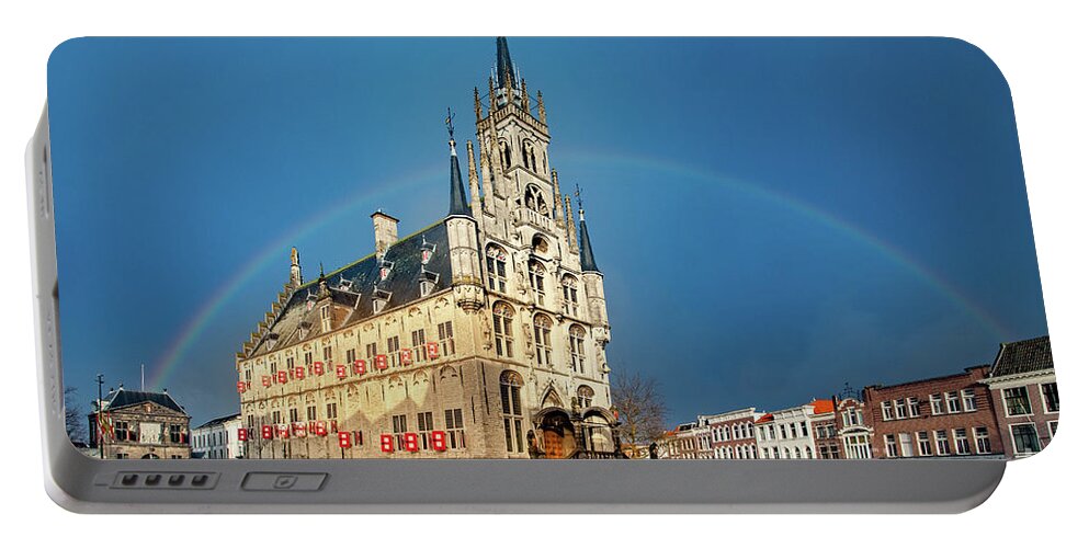 Gouda Portable Battery Charger featuring the photograph Rainbow over Town Hall Gouda by Casper Cammeraat